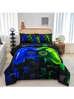 Neon Blue & Green Gamer Controller Comforter Set - Youth Bedding